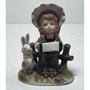 Vintage Porcelain Girl‎ On Fence Playing Accordion with Bunny Rabbit Figurine